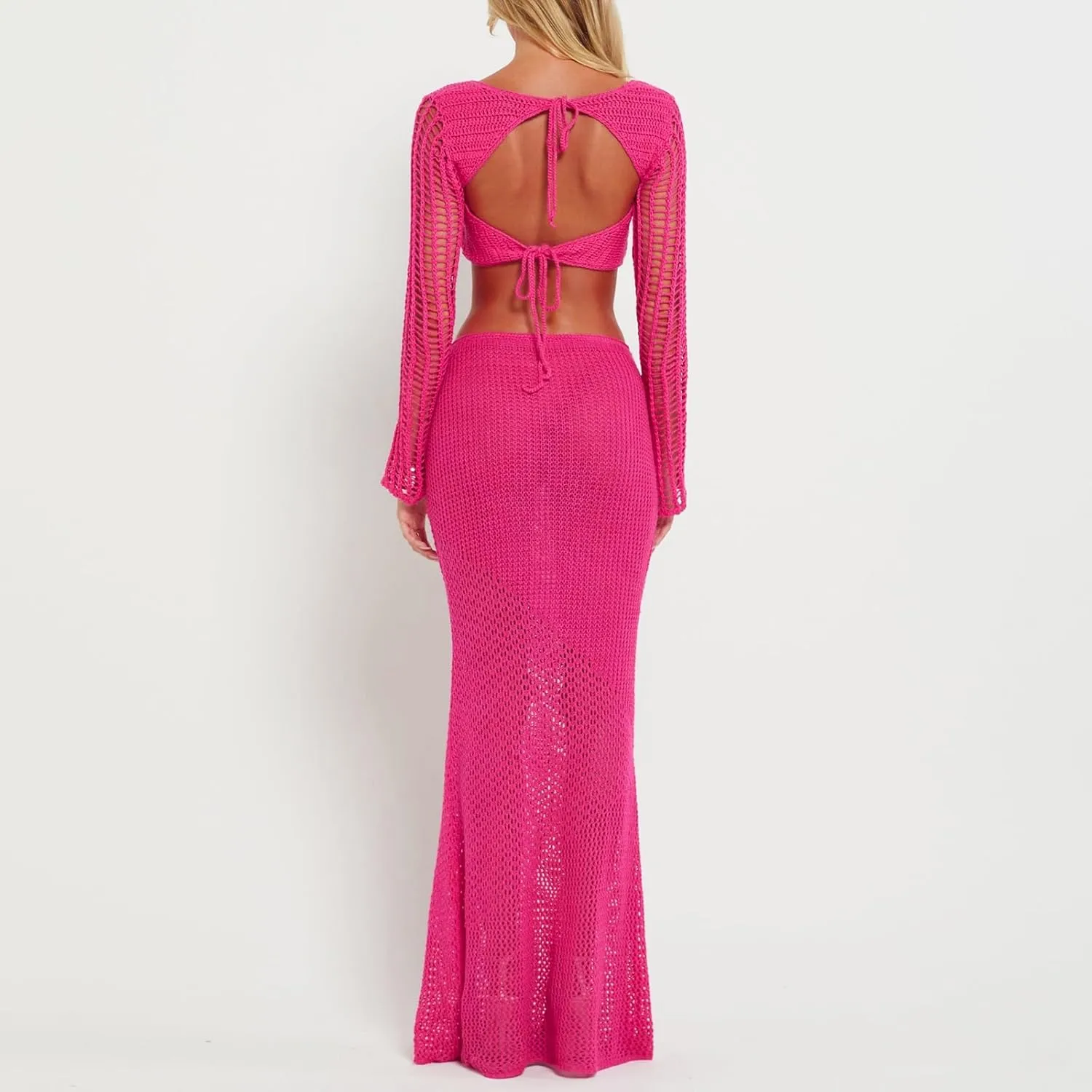 Crochet Knit 2 Piece Skirt Sets for Women Summer Hollow Out Crop Top Bodycon High Waist Maxi Skirt Sets Beach Dress