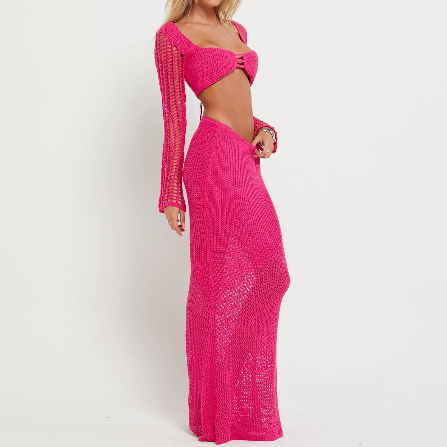 Crochet Knit 2 Piece Skirt Sets for Women Summer Hollow Out Crop Top Bodycon High Waist Maxi Skirt Sets Beach Dress