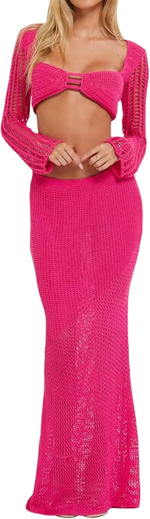 Crochet Knit 2 Piece Skirt Sets for Women Summer Hollow Out Crop Top Bodycon High Waist Maxi Skirt Sets Beach Dress