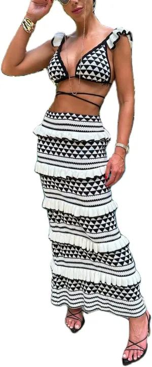 Crochet Knit 2 Piece Skirt Sets for Women Summer Hollow Out Crop Top Bodycon High Waist Maxi Skirt Sets Beach Dress