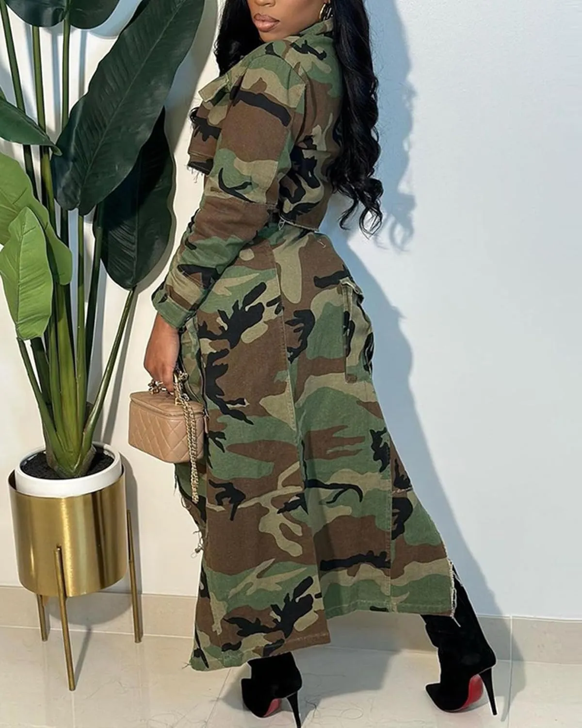 DINGANG Women's 2024 Summer Two Piece Dresses Camouflage Short Sleeve Top   High Waist Split Skirts Sets Trendy