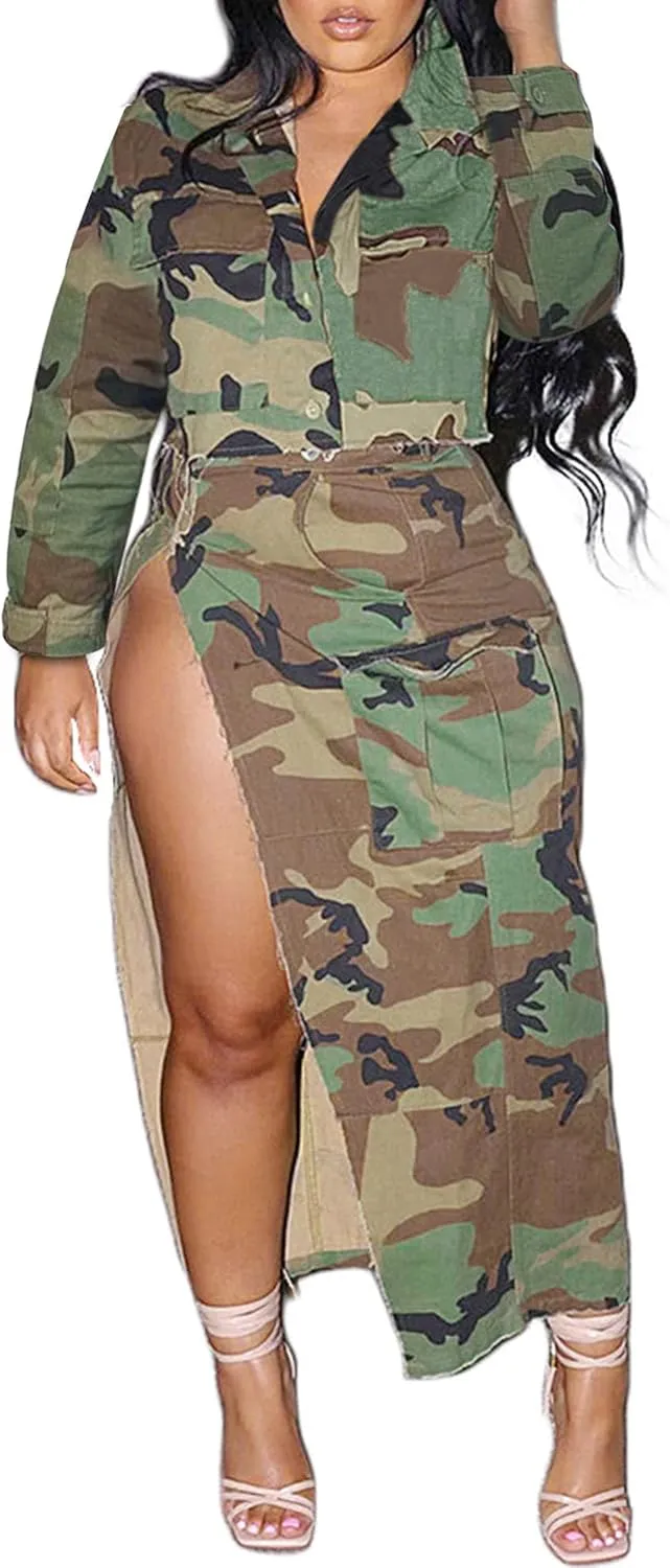DINGANG Women's 2024 Summer Two Piece Dresses Camouflage Short Sleeve Top   High Waist Split Skirts Sets Trendy