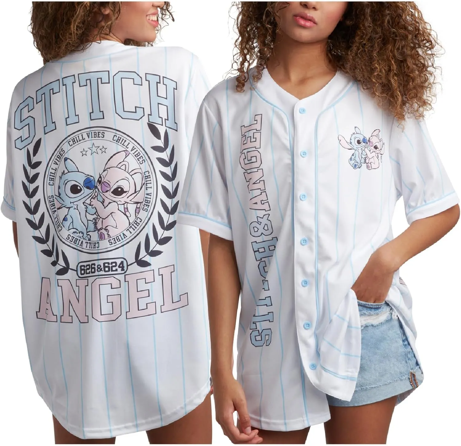 Disney Womens Baseball Jersey - Mickey Mouse Lightning McQueen Marie, Lilo and Stitch Womens Baseball Shirt (Sizes: S-XL)