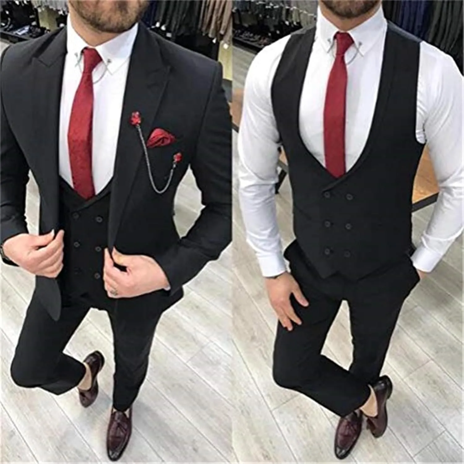 Double Breasted Suit Men 3 Piece Men's Suits Slim Fit Peak Lapel Suit one Button Blazer Vest Pants for Men Wedding