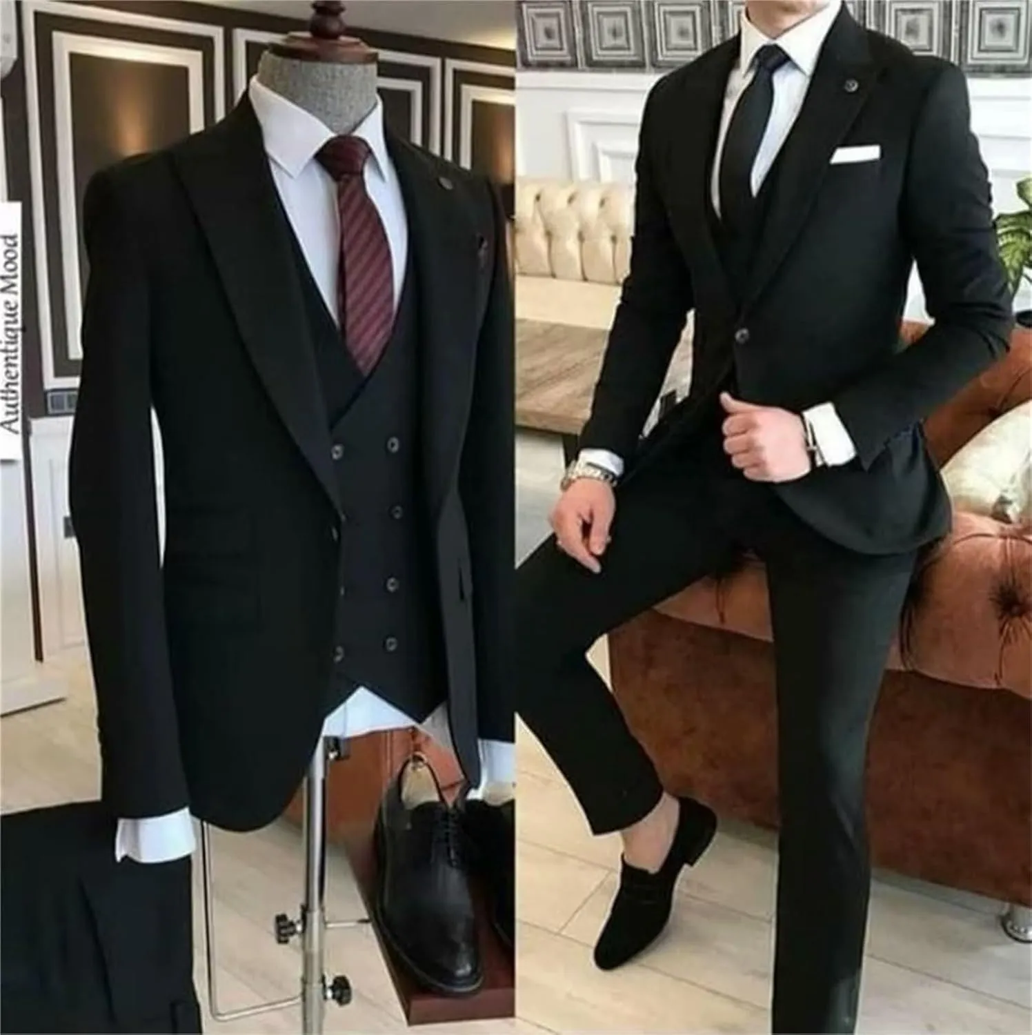 Double Breasted Suit Men 3 Piece Men's Suits Slim Fit Peak Lapel Suit one Button Blazer Vest Pants for Men Wedding