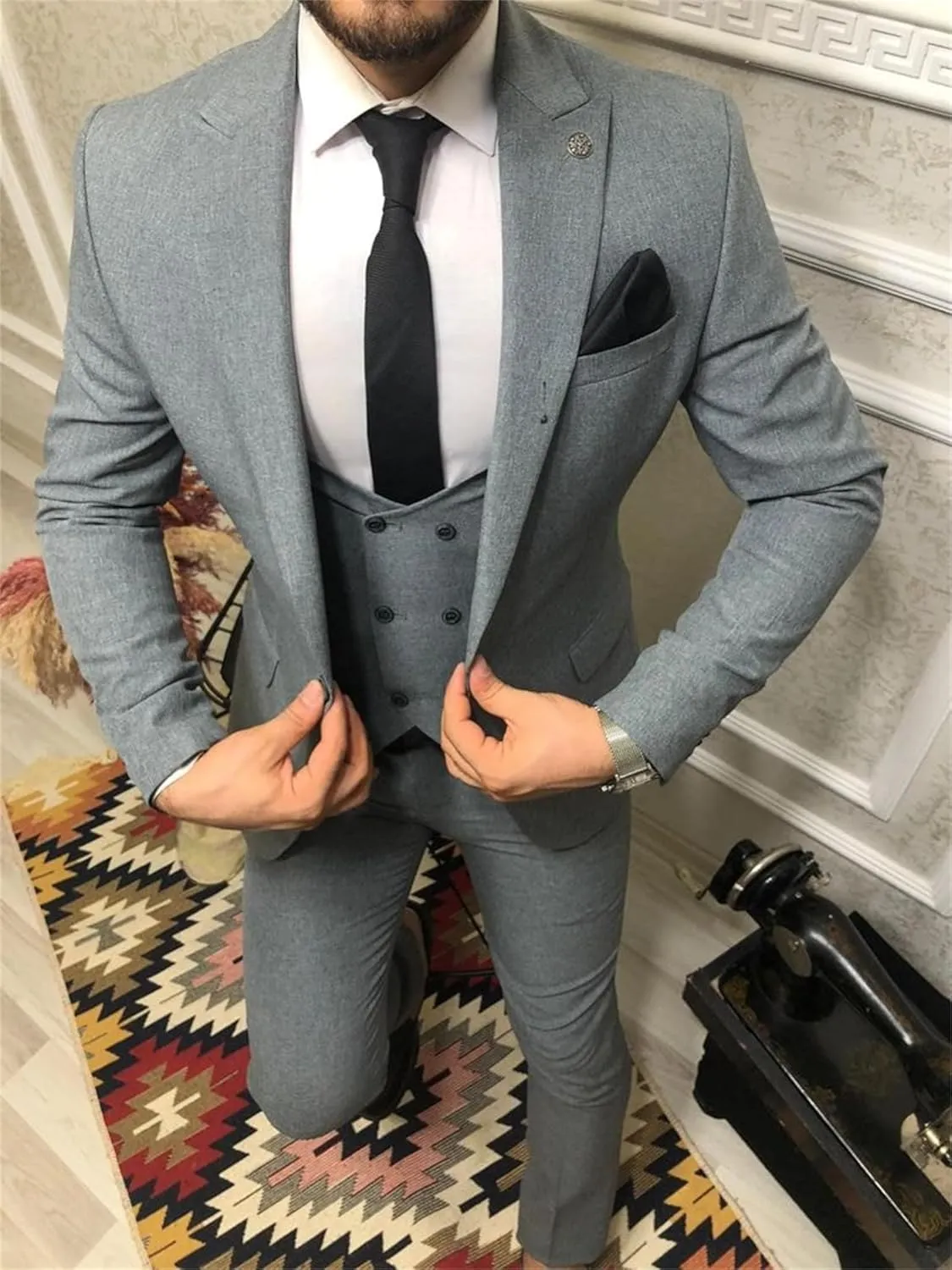 Double Breasted Suit Men 3 Piece Men's Suits Slim Fit Peak Lapel Suit one Button Blazer Vest Pants for Men Wedding