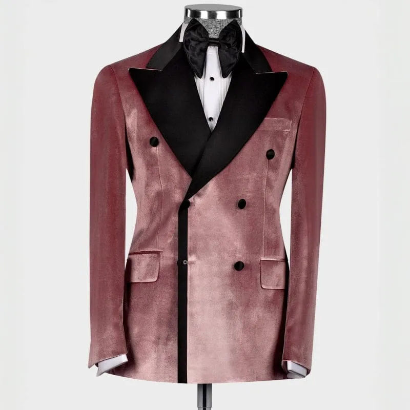 Dusty Pink Peaked Lapel Double Breasted Velvet Prom Suits