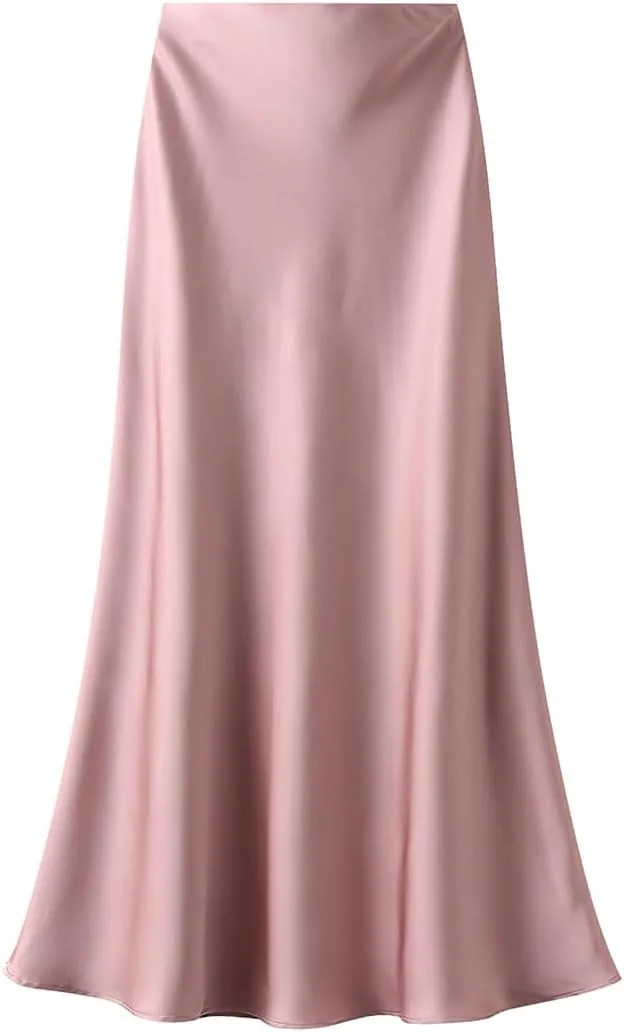 ebossy Women's Elegant Satin Silk Fishtai Skirt A-line Slim Flared Mermaid Mid Long Skirt