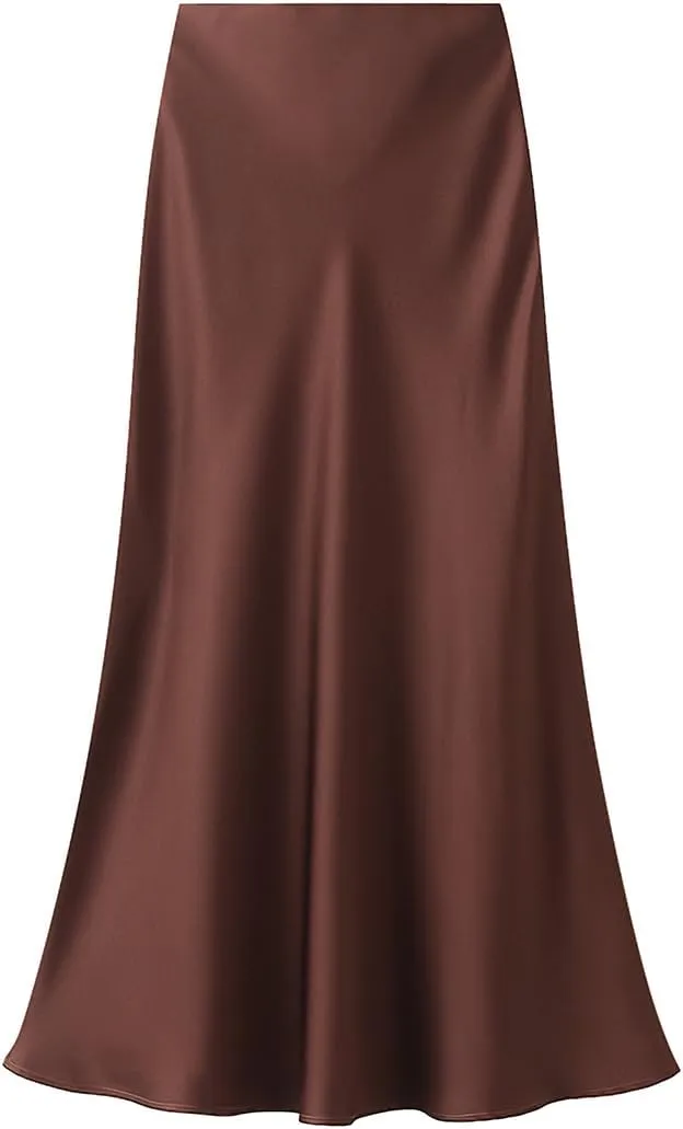 ebossy Women's Elegant Satin Silk Fishtai Skirt A-line Slim Flared Mermaid Mid Long Skirt
