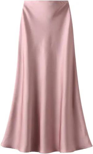 ebossy Women's Elegant Satin Silk Fishtai Skirt A-line Slim Flared Mermaid Mid Long Skirt