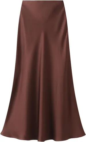 ebossy Women's Elegant Satin Silk Fishtai Skirt A-line Slim Flared Mermaid Mid Long Skirt