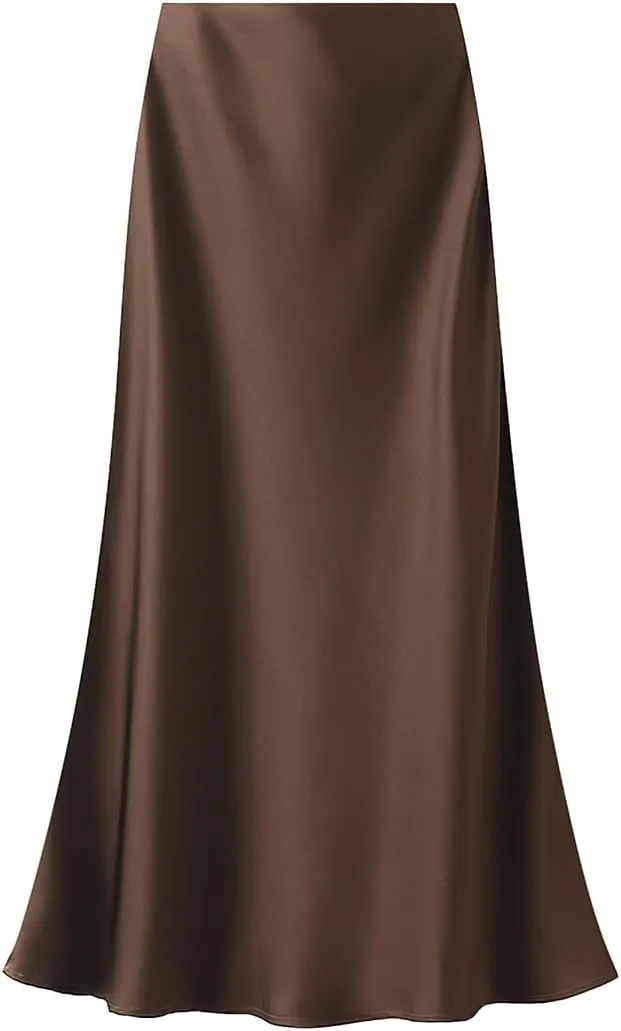 ebossy Women's Elegant Satin Silk Fishtai Skirt A-line Slim Flared Mermaid Mid Long Skirt