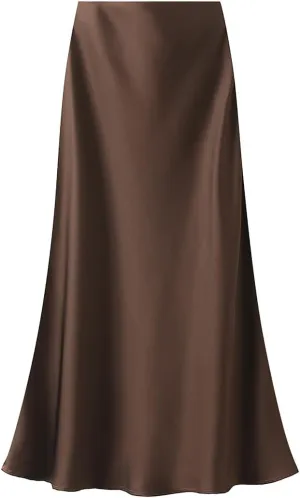 ebossy Women's Elegant Satin Silk Fishtai Skirt A-line Slim Flared Mermaid Mid Long Skirt