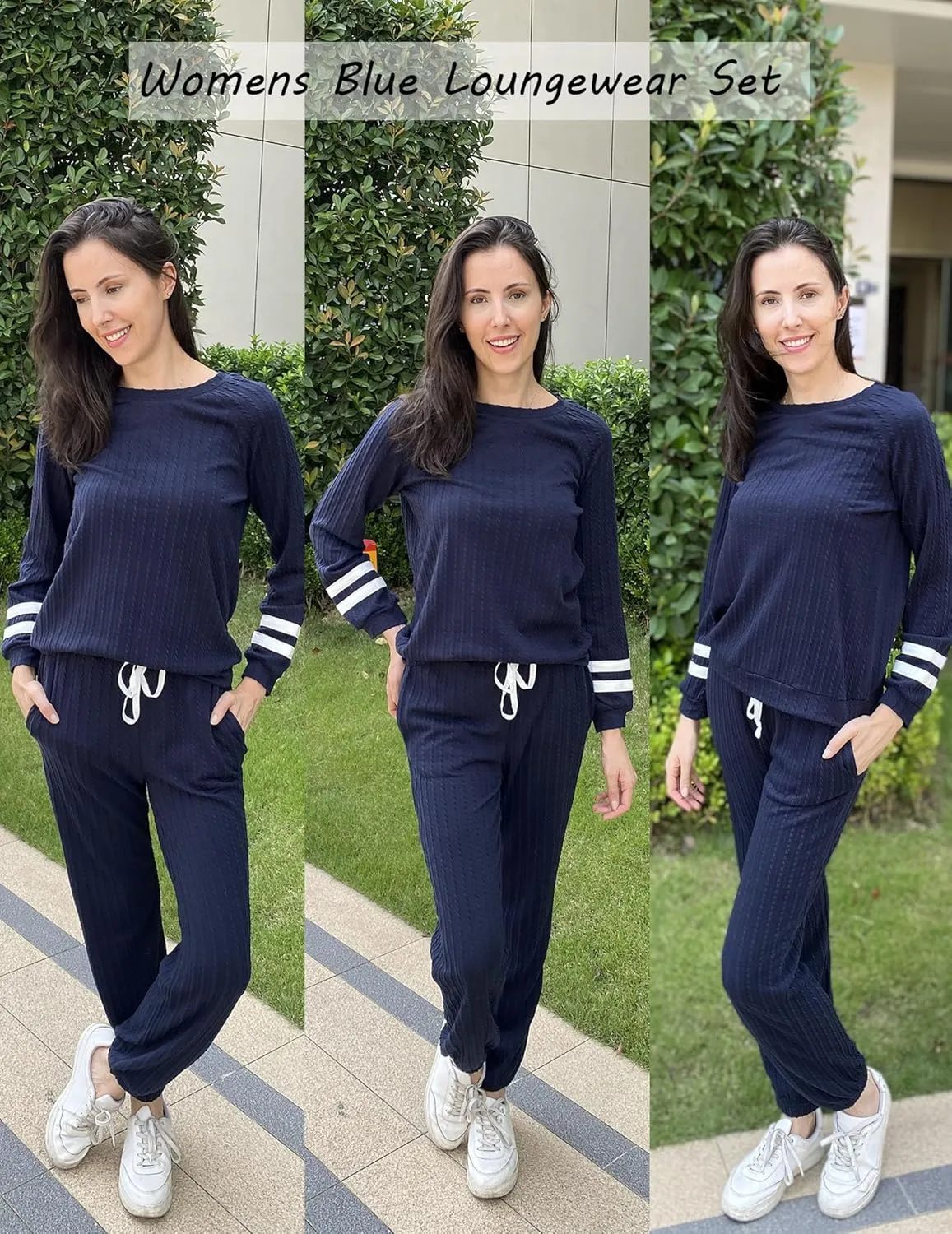 Ekouaer Lounge Sets for Women Ribbed Knit Outfits Pajamas Sets 2 Piece Long Sleeve Sweatsuits with Pockets