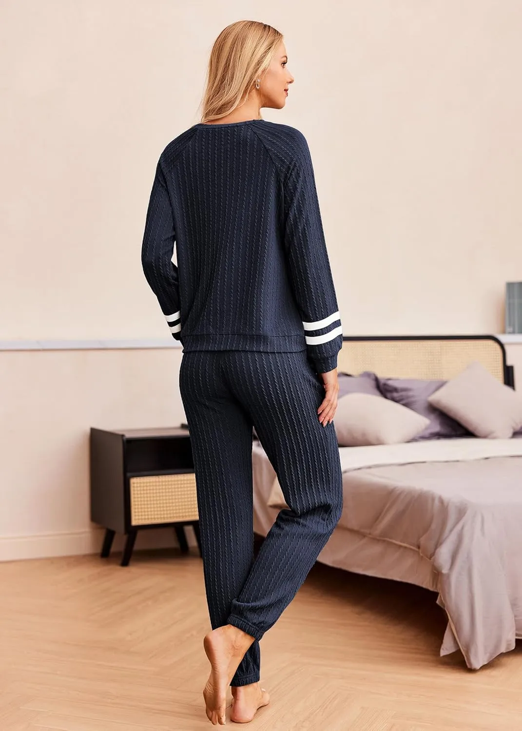 Ekouaer Lounge Sets for Women Ribbed Knit Outfits Pajamas Sets 2 Piece Long Sleeve Sweatsuits with Pockets