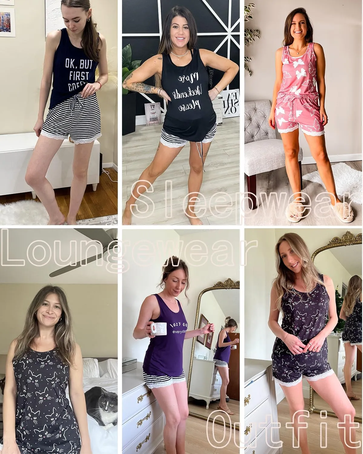 Ekouaer Womens Pajama Sets Sleeveless Tank Top and Shorts Pj Set Lace Hem Sleepwear S-XXXL
