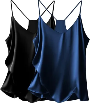 Ekouaer Womens Silk Satin Cami Tops 2 Pack V Neck Blouse Spaghetti Strap Summer Basic Camisole Tank Top