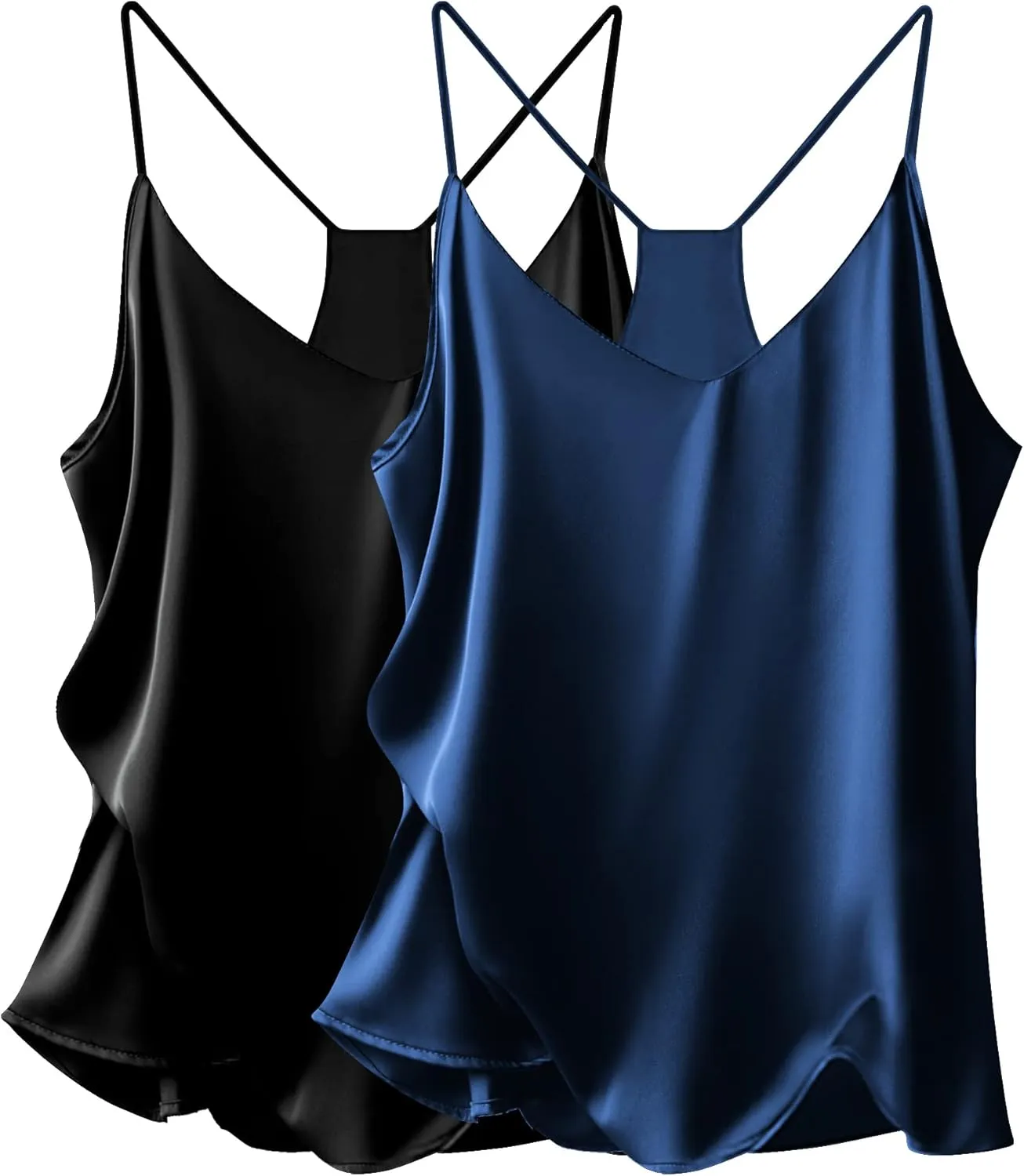 Ekouaer Womens Silk Satin Cami Tops 2 Pack V Neck Blouse Spaghetti Strap Summer Basic Camisole Tank Top