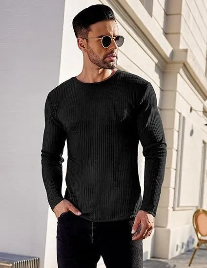 ELESOL Men's Long Sleeve Shirts Ribbed Pullover Sweater Sim Fit Thermal Tops Crew Neck Stretchy Undershirts
