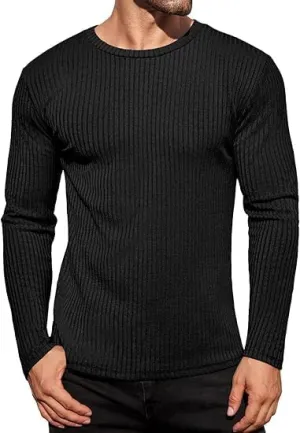 ELESOL Men's Long Sleeve Shirts Ribbed Pullover Sweater Sim Fit Thermal Tops Crew Neck Stretchy Undershirts