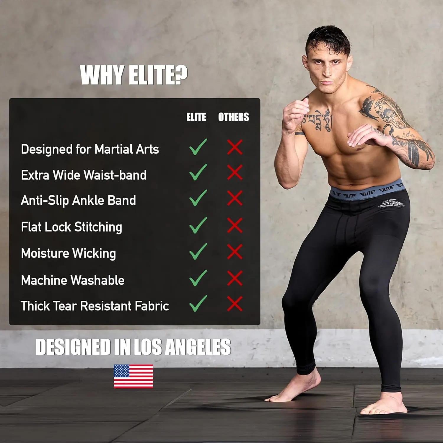 Elite Sports Mens BJJ Spats Leggings Tights, Best Jiu Jitsu MMA no Gi spat Compression Pants for Men