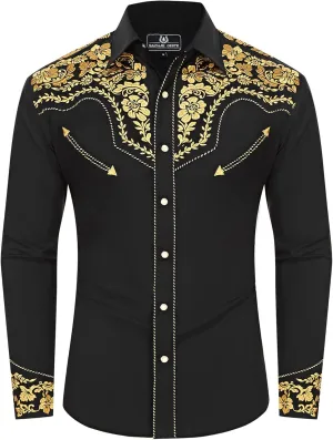 Embroidered Western Cowboy Shirts for Men Snap Button Long Sleeve Shirt with Western Cowboy Embroidery