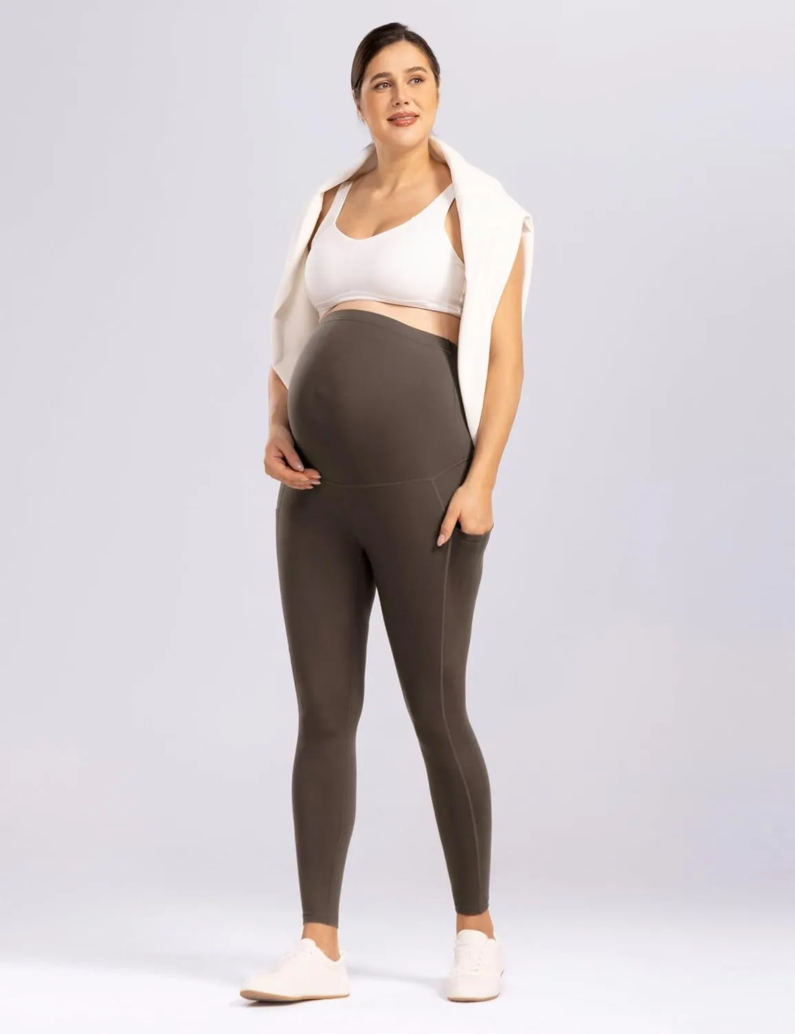 Enerful Womens Maternity Leggings with Pockets Workout Legging Pants Buttery Soft Pregnancy Active Wear Yoga Tights