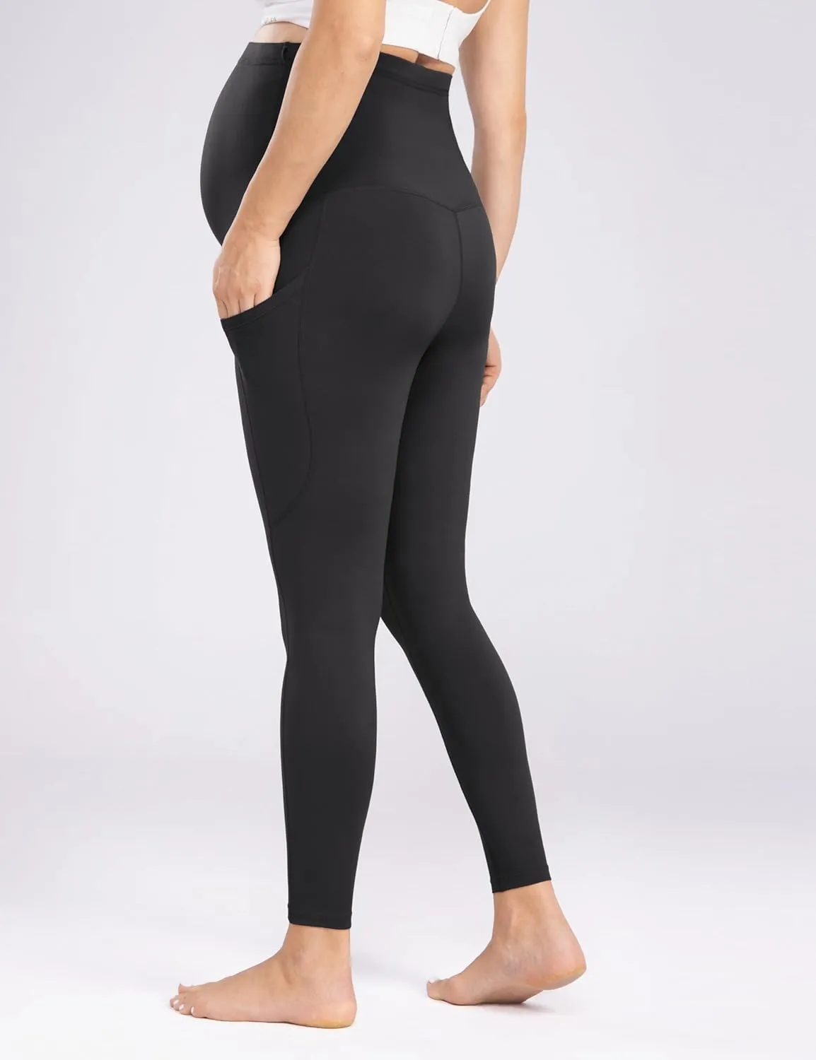 Enerful Womens Maternity Leggings with Pockets Workout Legging Pants Buttery Soft Pregnancy Active Wear Yoga Tights