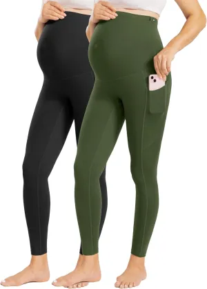 Enerful Womens Maternity Leggings with Pockets Workout Legging Pants Buttery Soft Pregnancy Active Wear Yoga Tights