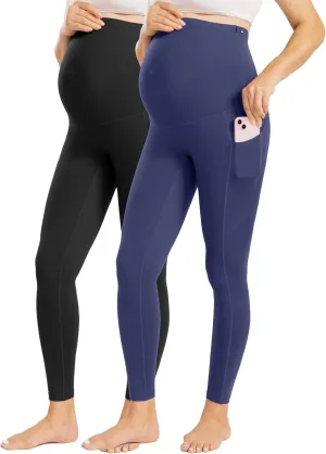 Enerful Womens Maternity Leggings with Pockets Workout Legging Pants Buttery Soft Pregnancy Active Wear Yoga Tights