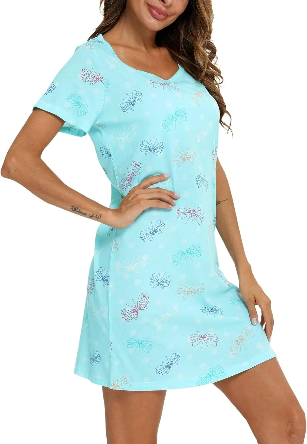 ENJOYNIGHT Womens Nightgowns Cotton Sleepwear Plus Size Sleep Shirt Short Sleeve Nightshirt Print Sleepshirt