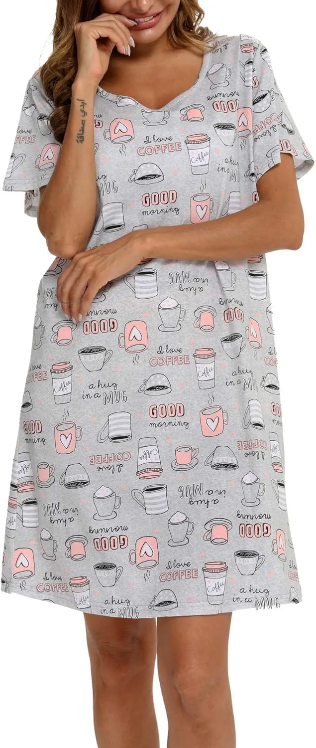 ENJOYNIGHT Womens Nightgowns Cotton Sleepwear Plus Size Sleep Shirt Short Sleeve Nightshirt Print Sleepshirt