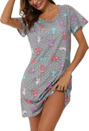 ENJOYNIGHT Womens Nightgowns Cotton Sleepwear Plus Size Sleep Shirt Short Sleeve Nightshirt Print Sleepshirt
