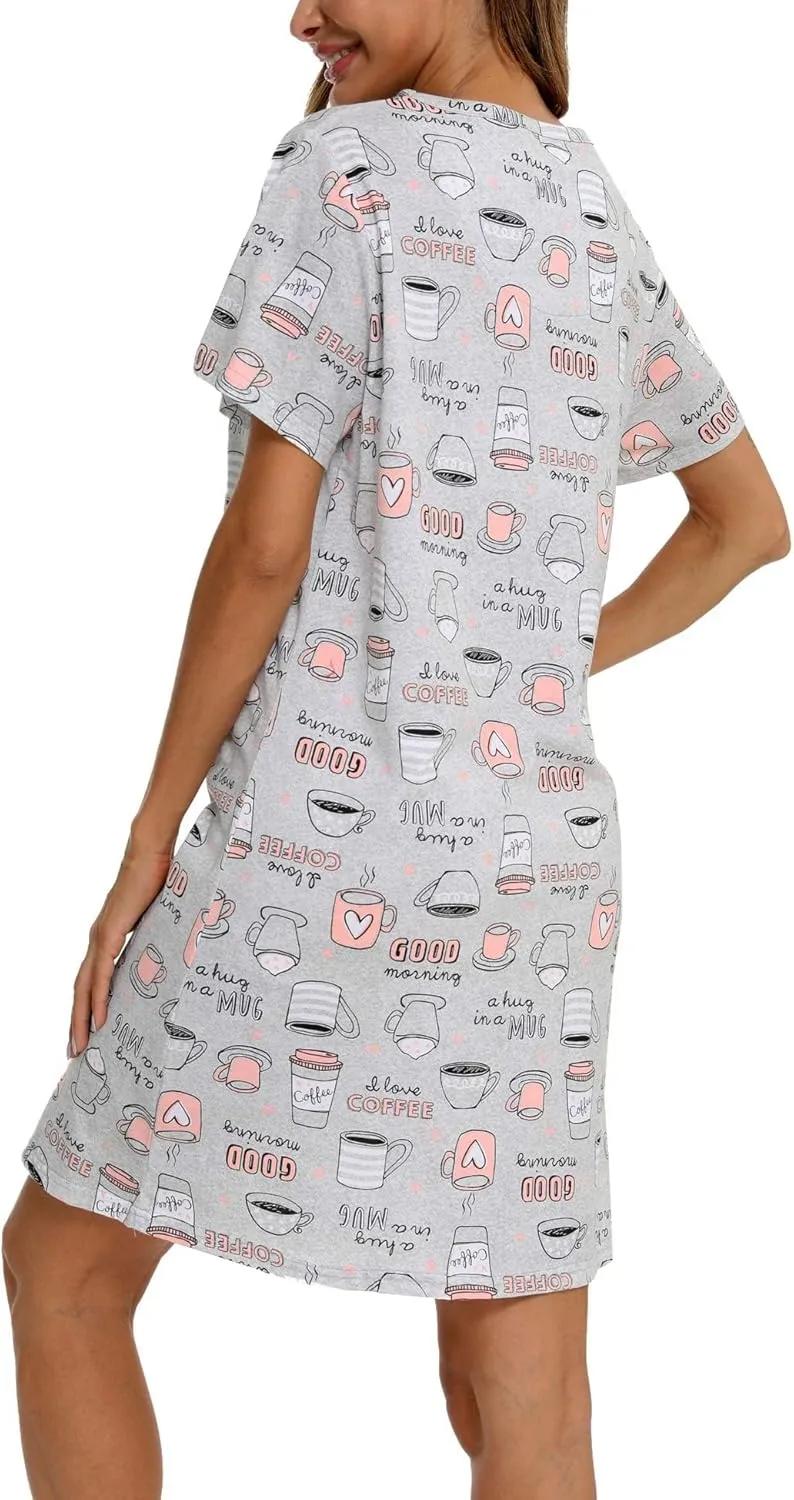 ENJOYNIGHT Womens Nightgowns Cotton Sleepwear Plus Size Sleep Shirt Short Sleeve Nightshirt Print Sleepshirt