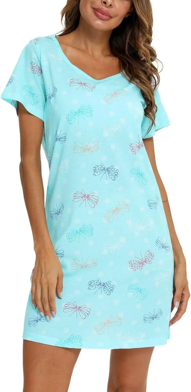 ENJOYNIGHT Womens Nightgowns Cotton Sleepwear Plus Size Sleep Shirt Short Sleeve Nightshirt Print Sleepshirt