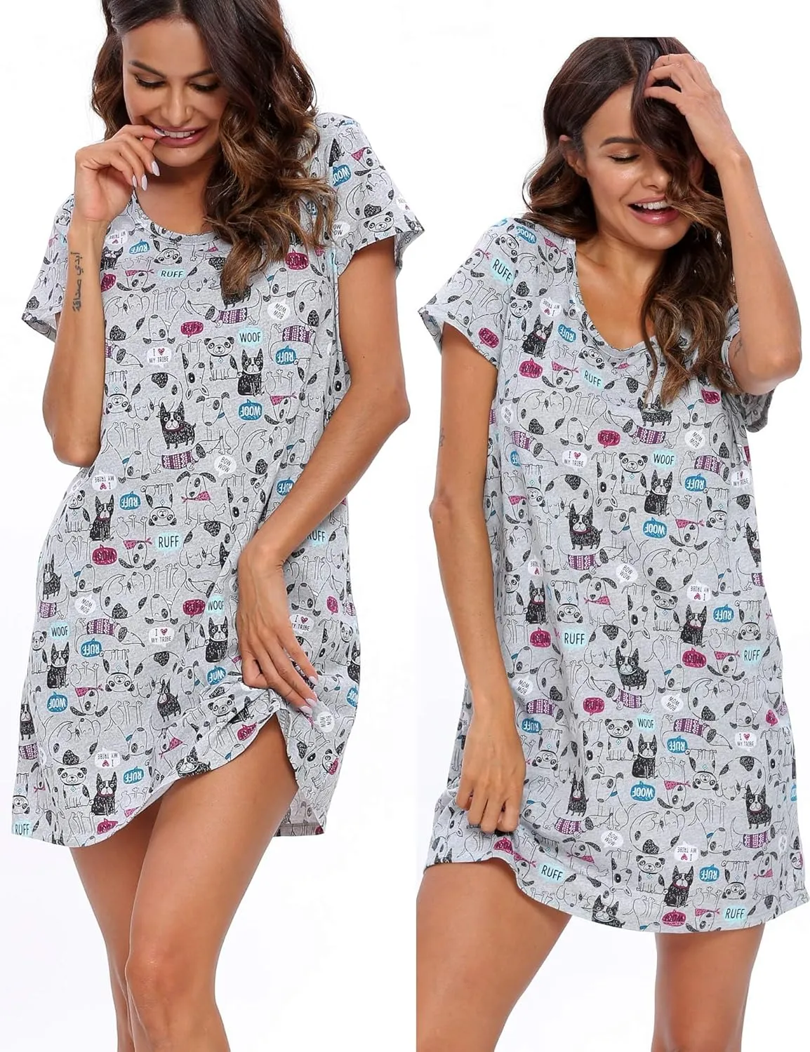 ENJOYNIGHT Womens Nightgowns Cotton Sleepwear Plus Size Sleep Shirt Short Sleeve Nightshirt Print Sleepshirt
