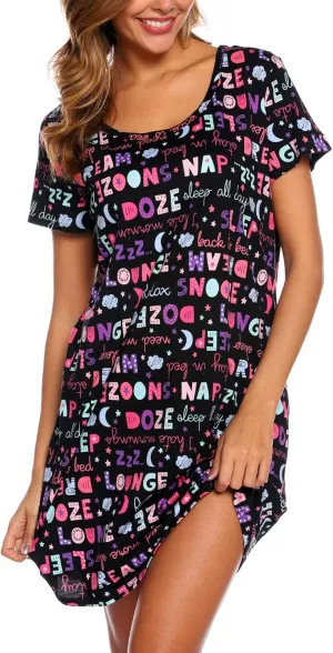 ENJOYNIGHT Womens Nightgowns Cotton Sleepwear Plus Size Sleep Shirt Short Sleeve Nightshirt Print Sleepshirt