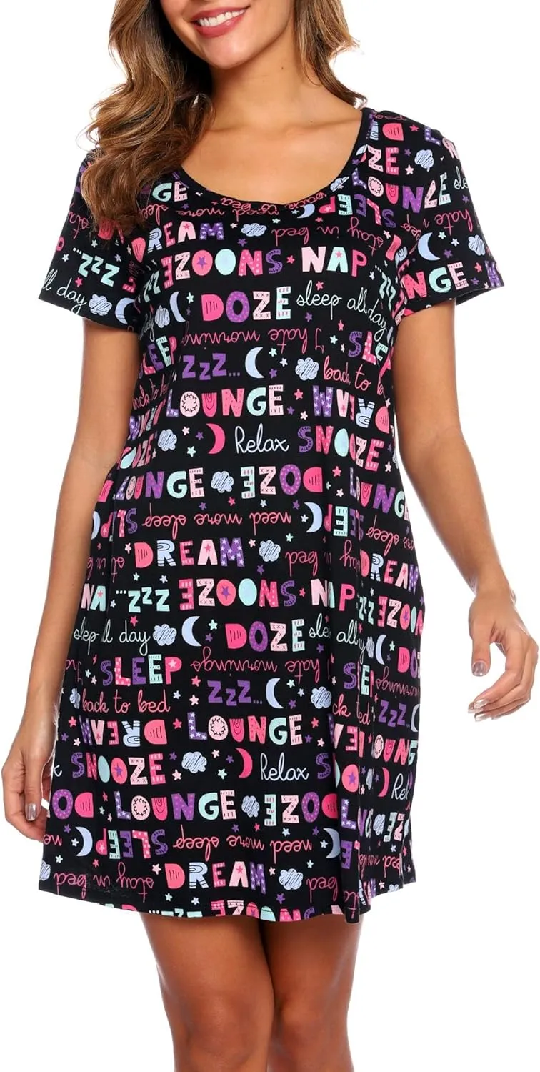 ENJOYNIGHT Womens Nightgowns Cotton Sleepwear Plus Size Sleep Shirt Short Sleeve Nightshirt Print Sleepshirt
