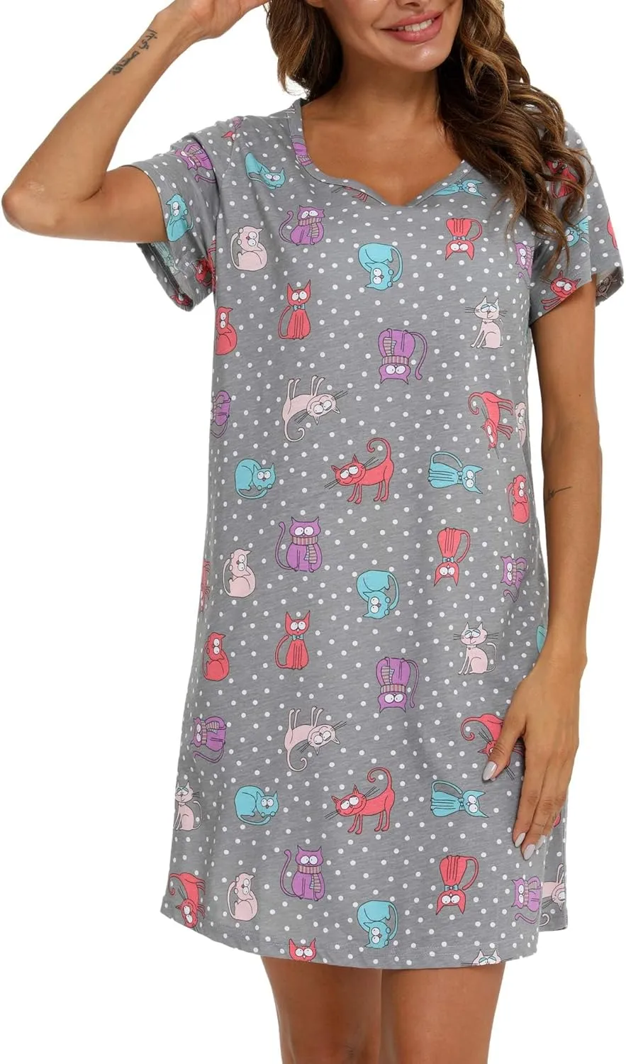 ENJOYNIGHT Womens Nightgowns Cotton Sleepwear Plus Size Sleep Shirt Short Sleeve Nightshirt Print Sleepshirt