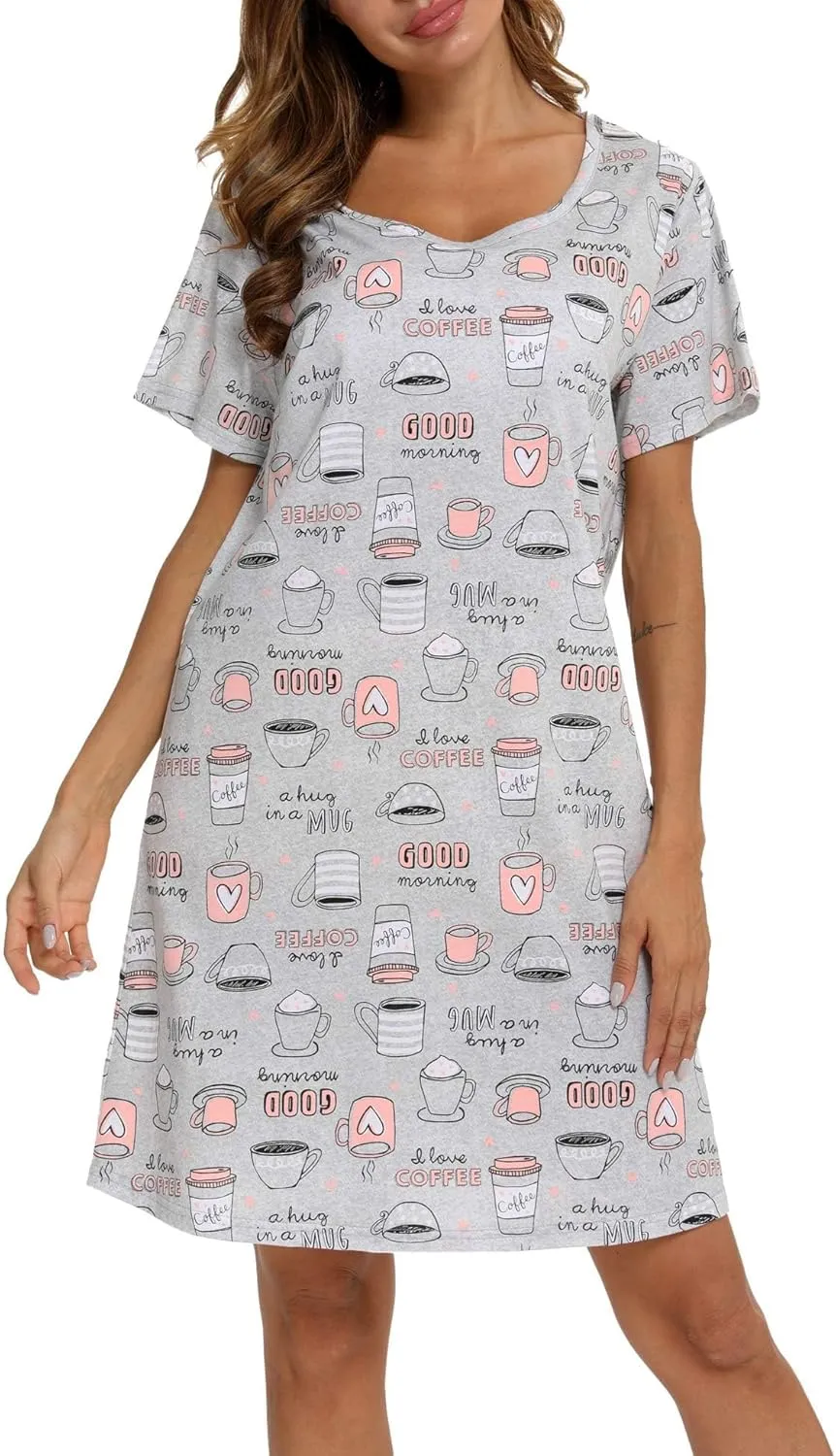 ENJOYNIGHT Womens Nightgowns Cotton Sleepwear Plus Size Sleep Shirt Short Sleeve Nightshirt Print Sleepshirt