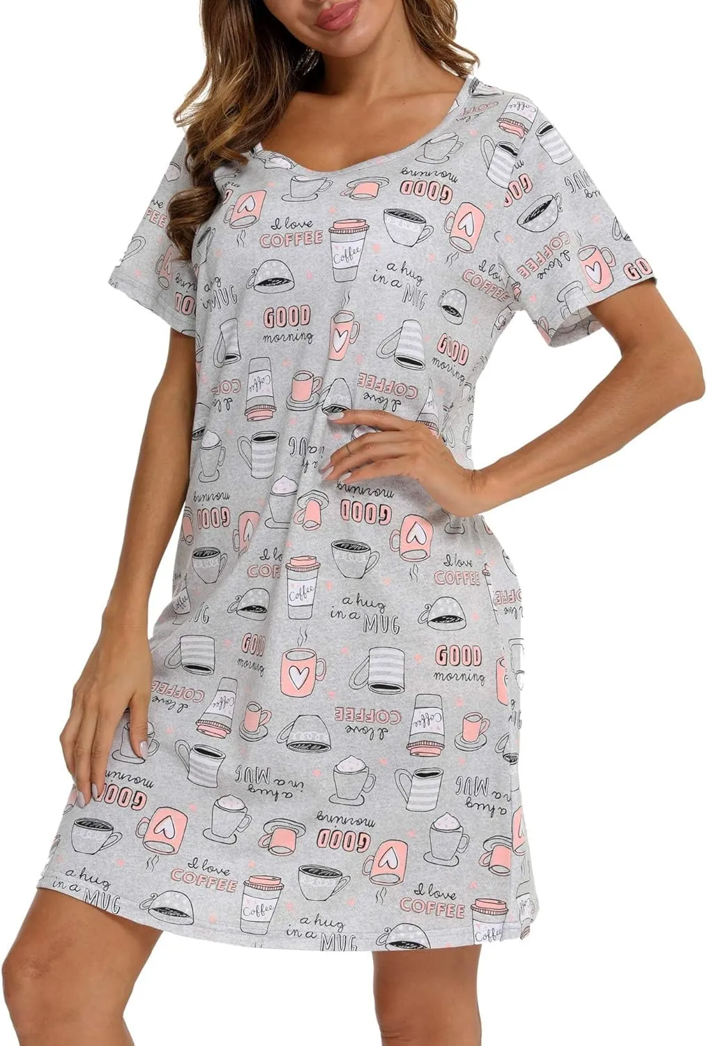 ENJOYNIGHT Womens Nightgowns Cotton Sleepwear Plus Size Sleep Shirt Short Sleeve Nightshirt Print Sleepshirt