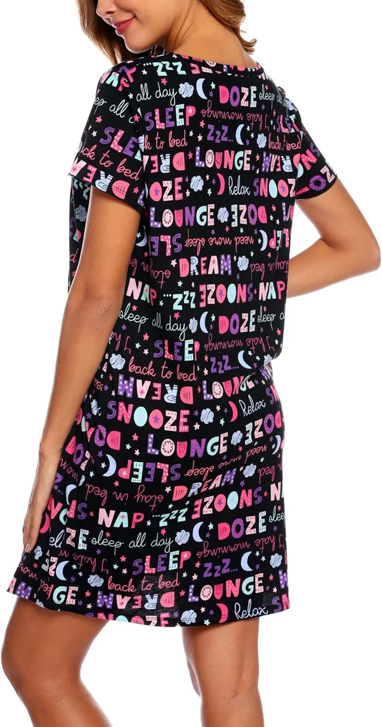 ENJOYNIGHT Womens Nightgowns Cotton Sleepwear Plus Size Sleep Shirt Short Sleeve Nightshirt Print Sleepshirt