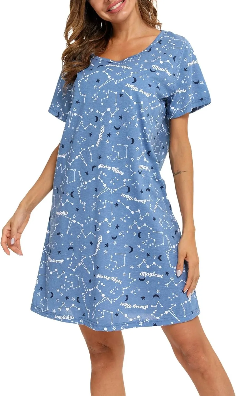 ENJOYNIGHT Womens Nightgowns Cotton Sleepwear Plus Size Sleep Shirt Short Sleeve Nightshirt Print Sleepshirt