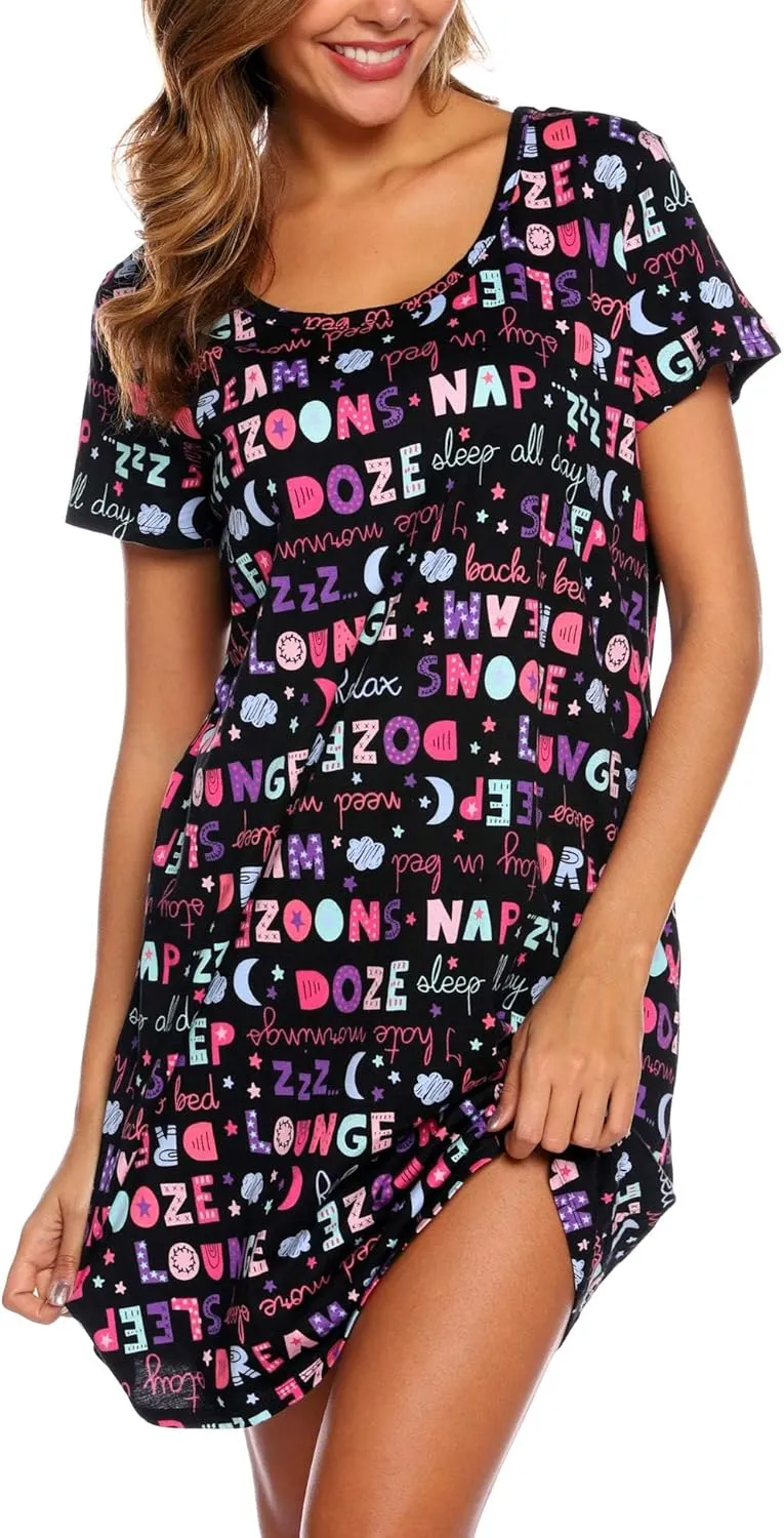 ENJOYNIGHT Womens Nightgowns Cotton Sleepwear Plus Size Sleep Shirt Short Sleeve Nightshirt Print Sleepshirt