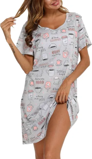 ENJOYNIGHT Womens Nightgowns Cotton Sleepwear Plus Size Sleep Shirt Short Sleeve Nightshirt Print Sleepshirt