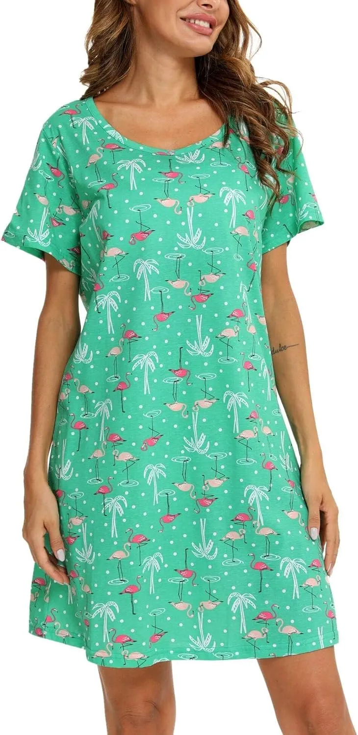 ENJOYNIGHT Womens Nightgowns Cotton Sleepwear Plus Size Sleep Shirt Short Sleeve Nightshirt Print Sleepshirt