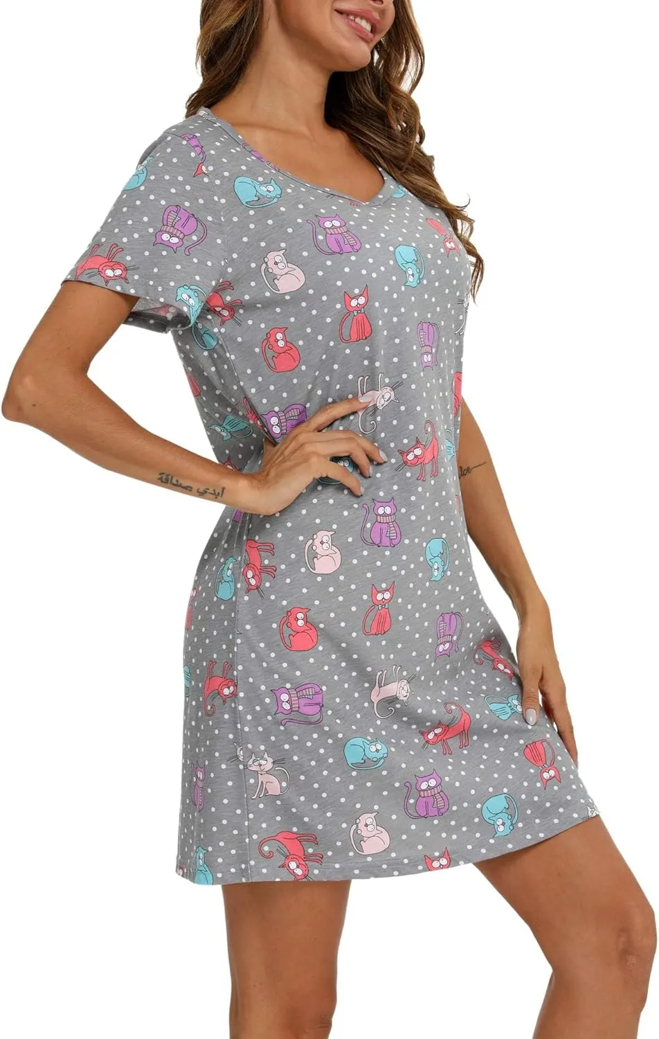 ENJOYNIGHT Womens Nightgowns Cotton Sleepwear Plus Size Sleep Shirt Short Sleeve Nightshirt Print Sleepshirt