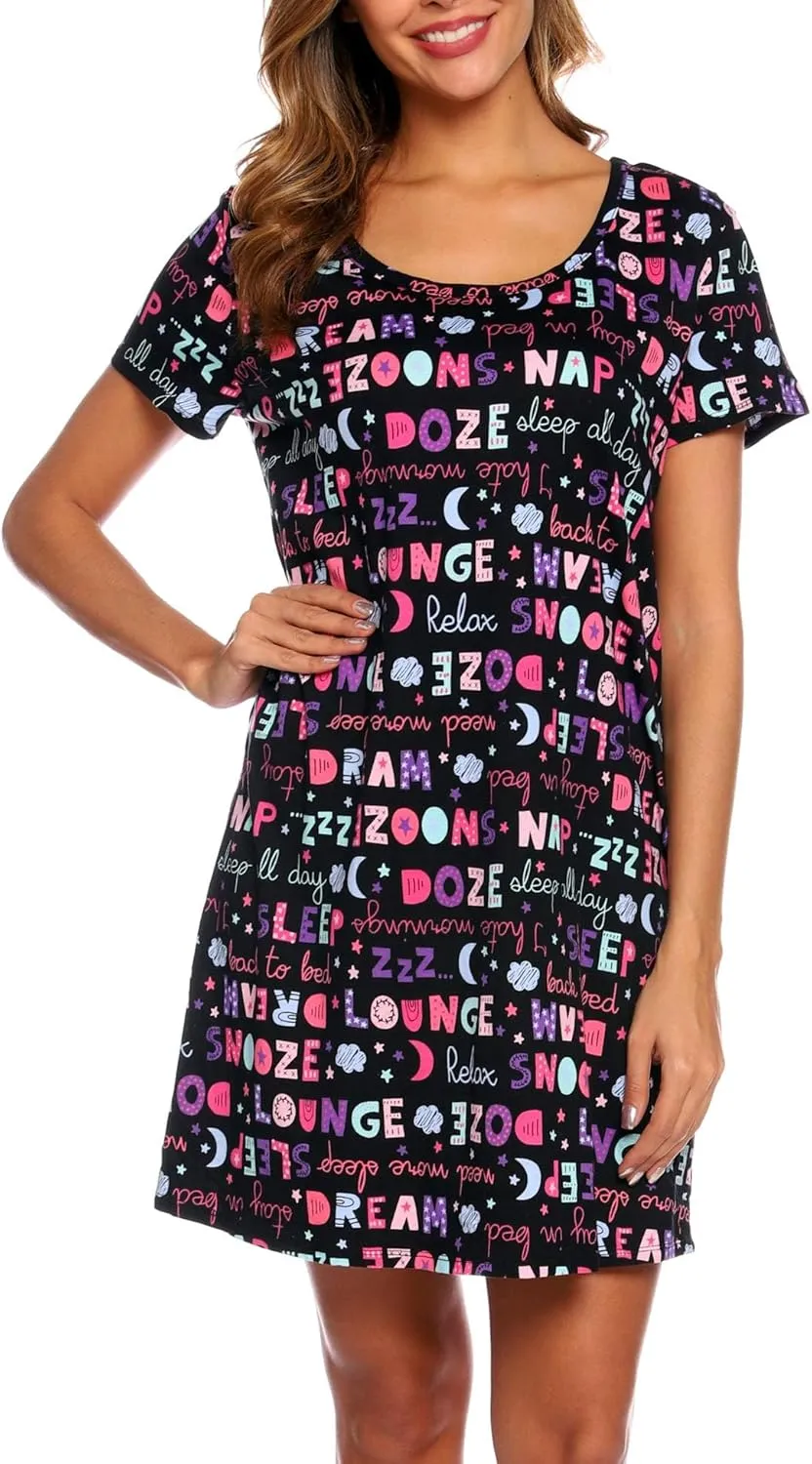 ENJOYNIGHT Womens Nightgowns Cotton Sleepwear Plus Size Sleep Shirt Short Sleeve Nightshirt Print Sleepshirt