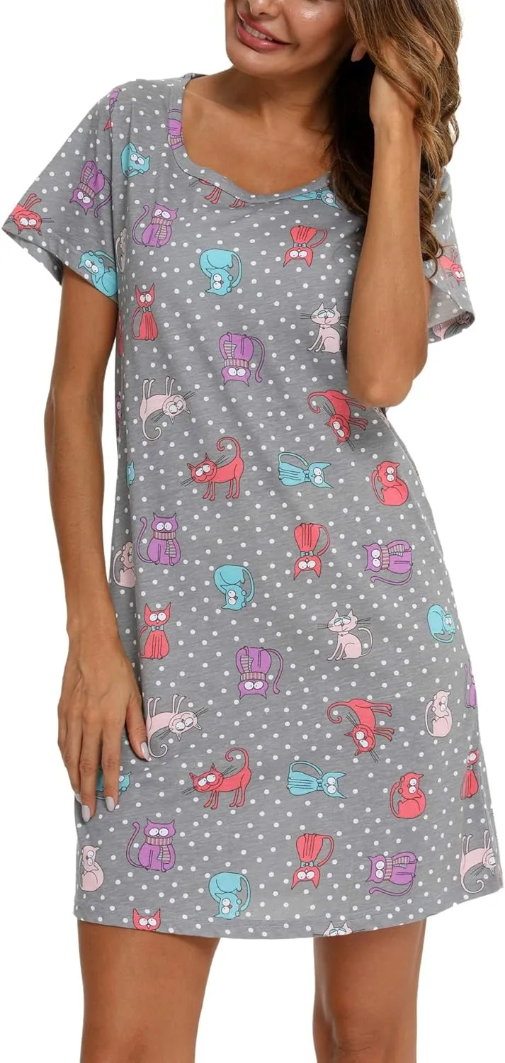 ENJOYNIGHT Womens Nightgowns Cotton Sleepwear Plus Size Sleep Shirt Short Sleeve Nightshirt Print Sleepshirt