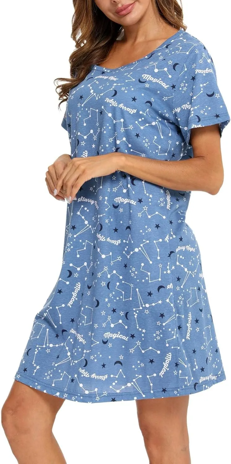 ENJOYNIGHT Womens Nightgowns Cotton Sleepwear Plus Size Sleep Shirt Short Sleeve Nightshirt Print Sleepshirt